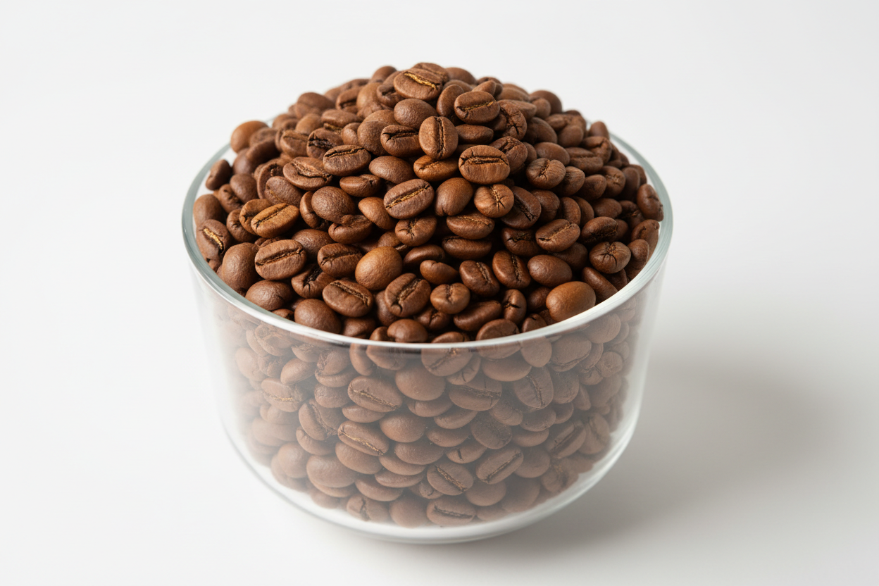 generate a glass bowl containing medium roasted coffee beans